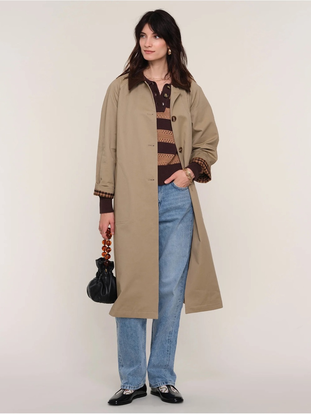 HEARTLOOM Khaki Single-Breasted Belted Trench Coat with Corduroy & Plaid Detail - Picture 2 of 12